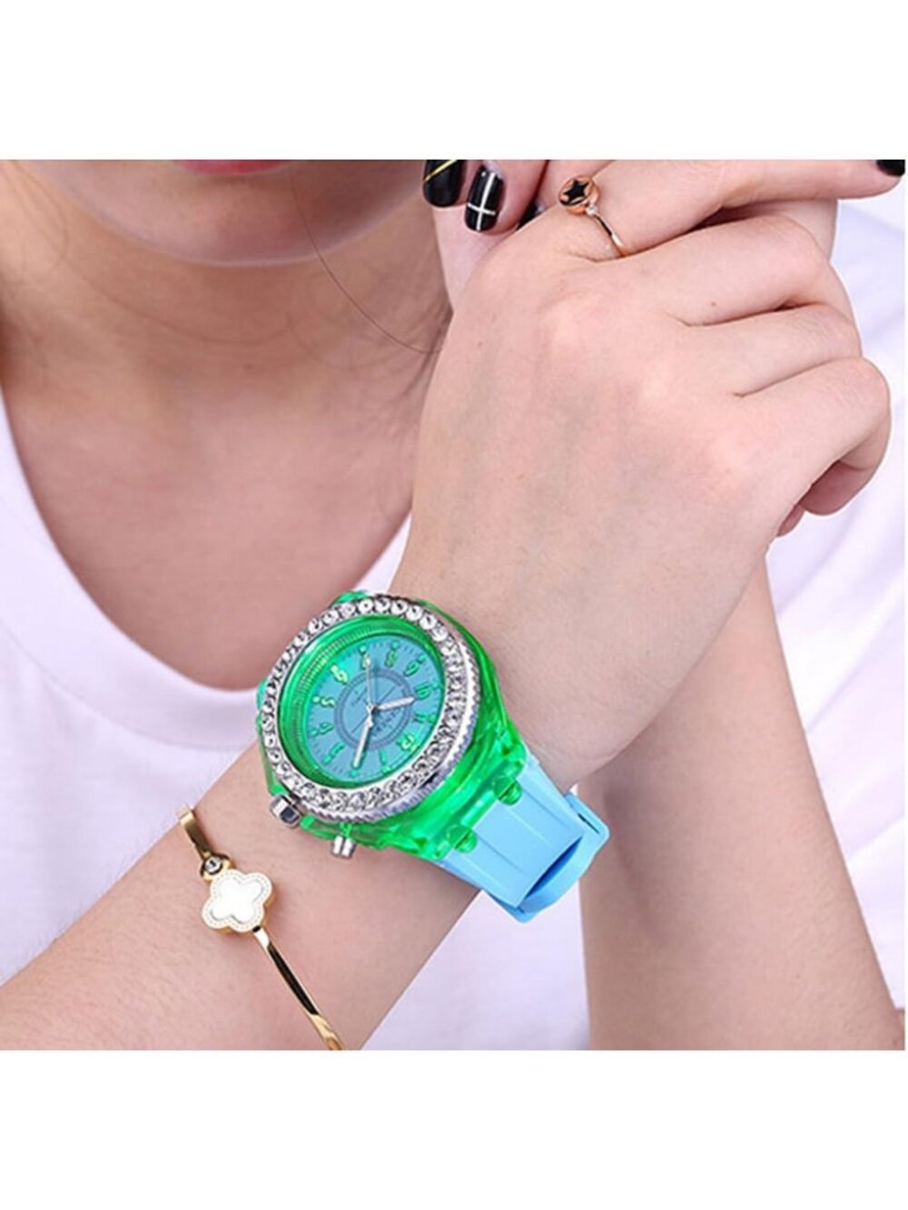 Women's Blue Analog Silicone Bling LED Luminous Lights Sport Square Wrist Watch - Picture 3 of 6
